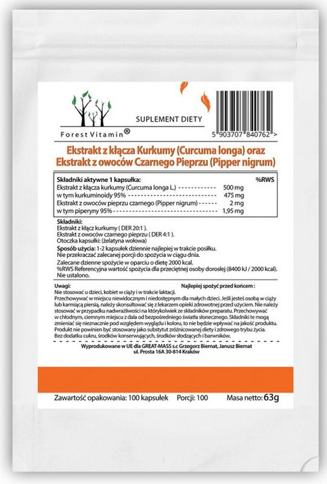FOREST Vitamin Kurkuma + Czarny Pieprz 100kaps
