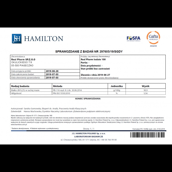 REAL PHARM REAL ISOLATE 100 Izolat Białka - 700G VANILIA BERRY