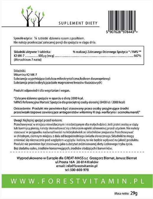 FOREST Vitamin K2MK-7 500mcg 250tabs.