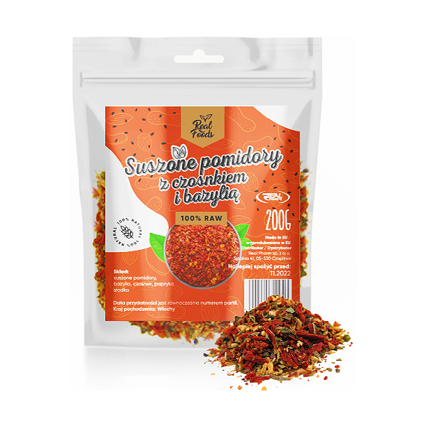 Real Foods - Suszone pomidory z czosnkiem i bazylią 200g