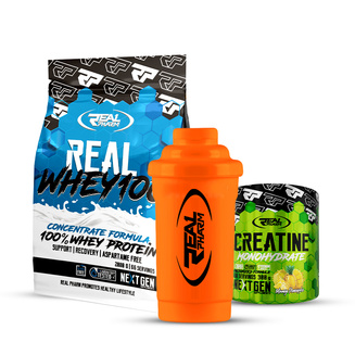 Zestaw Real Whey 100 Koncentrat Białka 700g + Real Pharm Kreatyna Creatine 300g +  Real Pharm Shaker 600ml 